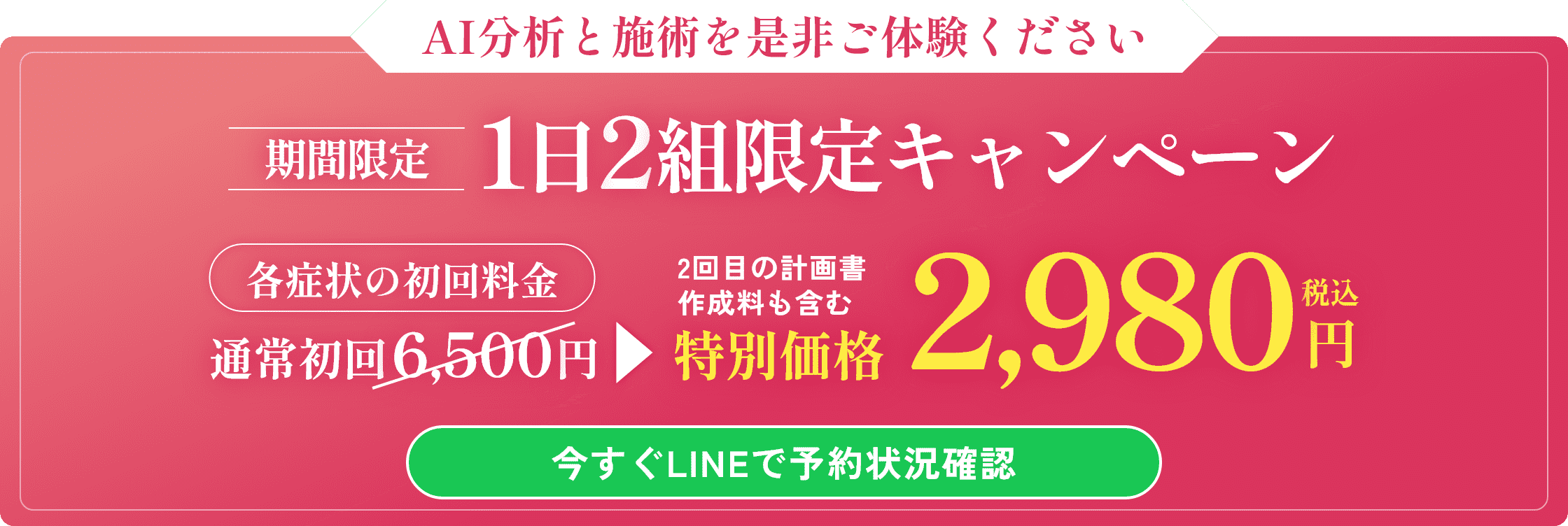AI分析と施術を是非ご体験ください 期間限定1日2組限定キャンペーン 特別価格2,980円税込 今すぐLINEで予約状況確認