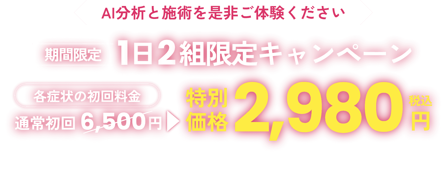AI分析と施術を是非ご体験ください 期間限定1日2組限定キャンペーン 特別価格2,980円税込 今すぐLINEで予約状況確認